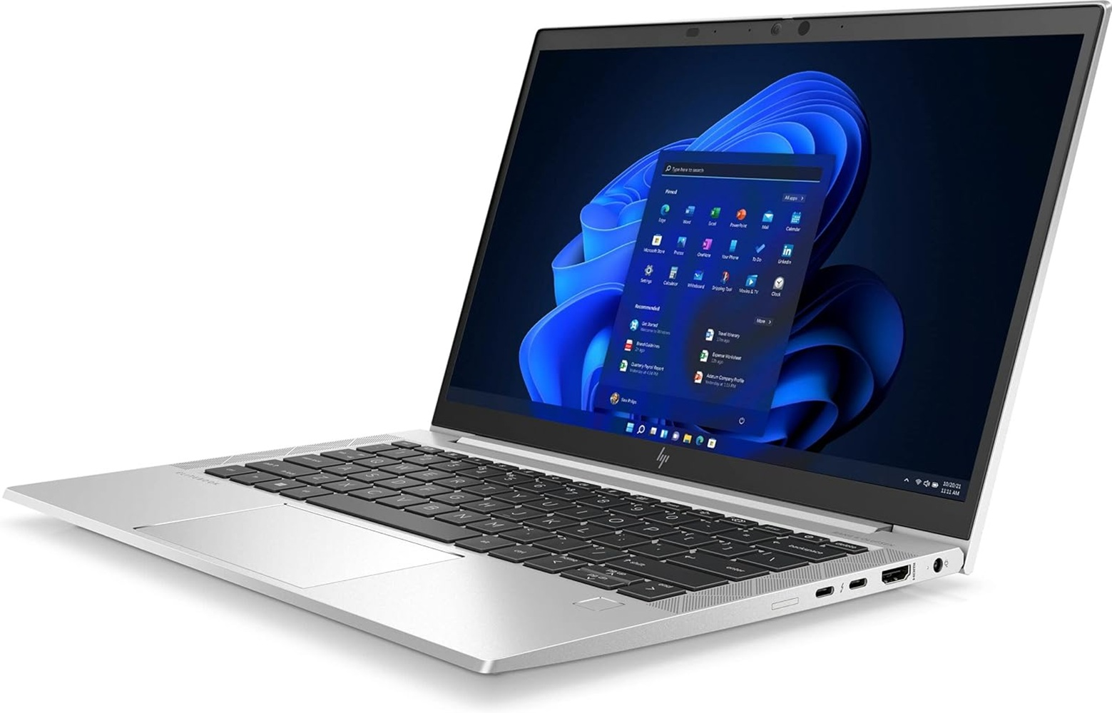 Silberner HP-Laptop geöffnet, Windows-Oberfläche wird angezeigt. Tastatur sichtbar, Bildschirm zeigt App-Symbole. Weißer Hintergrund.
