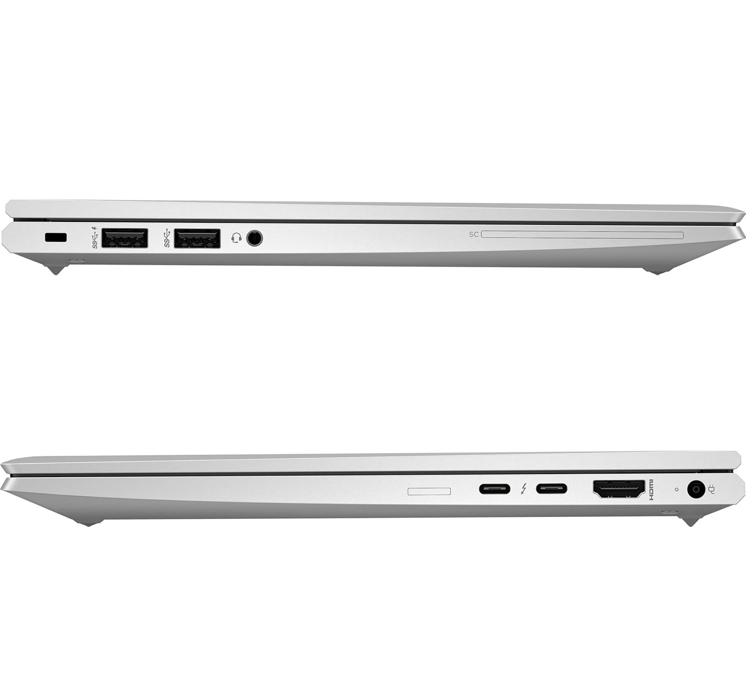 Seitenansicht eines silbernen Laptops. Zeigt Anschlüsse: USB, Audio, SD-Karte, USB-C, HDMI, Strom. Sauberes, minimalistisches Design.