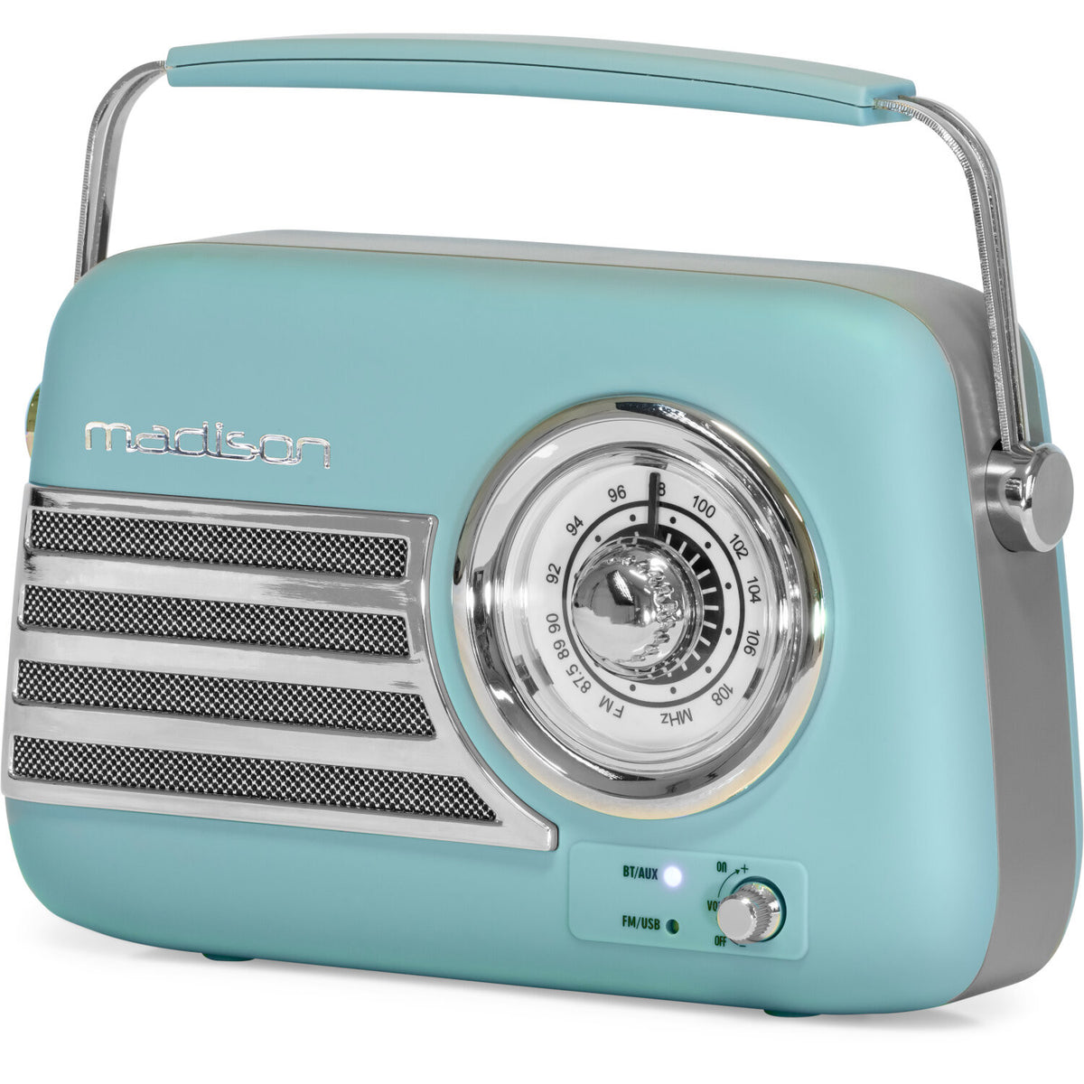 Ein Radio im Retro-Stil in Türkis mit silbernem Griff und Zifferblatt. Es hat einen Lautsprechergrill, ein Drehrad und Drehknöpfe.