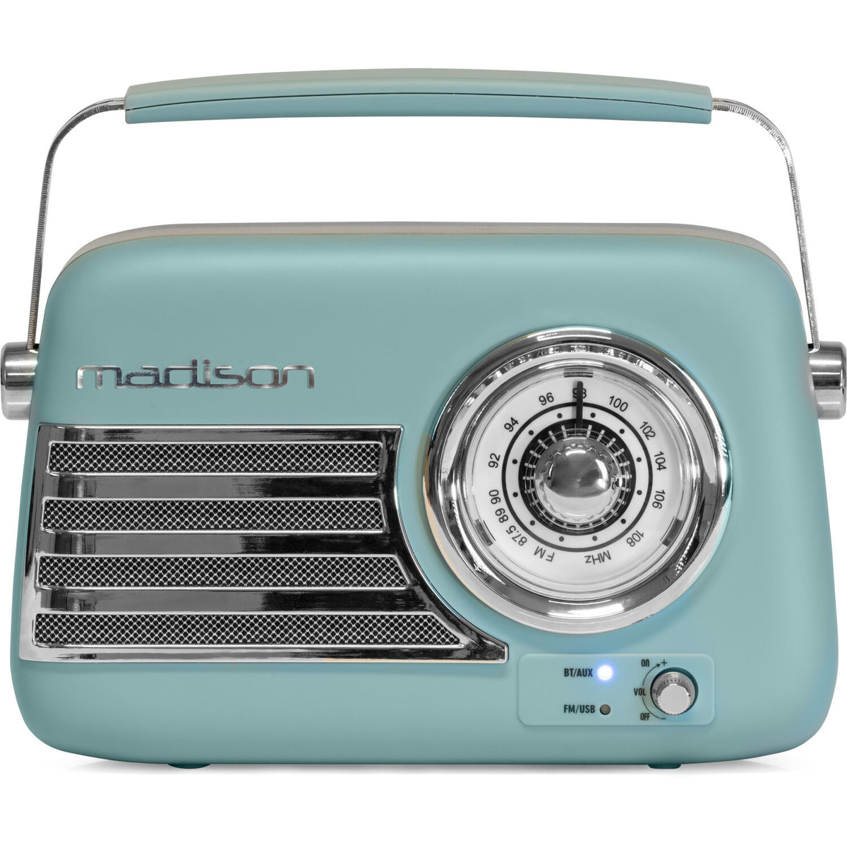 Ein Vintage-Radio in Türkis mit silbernen Akzenten, einem Griff und einem Drehknopf. Das Wort 'madison' steht darauf.
