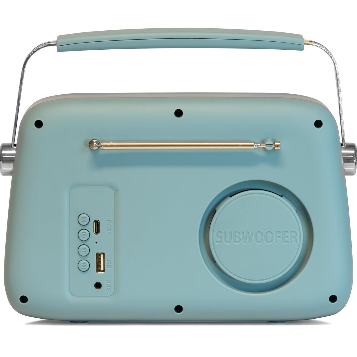 Ein türkisfarbenes Retro-Radio mit Griff, Antenne und Subwoofer-Aufschrift. Es hat Tasten und USB/AUX-Anschlüsse.
