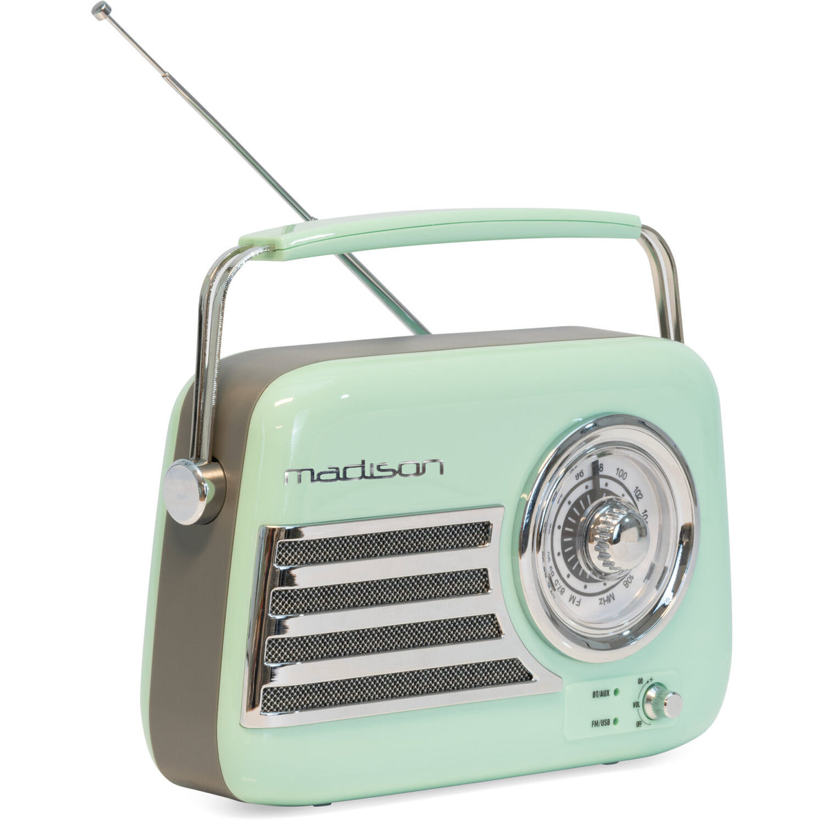 Una radio retrò verde menta con maniglia e antenna argentate. Ha un quadrante di sintonizzazione e il marchio "madison" è visibile.