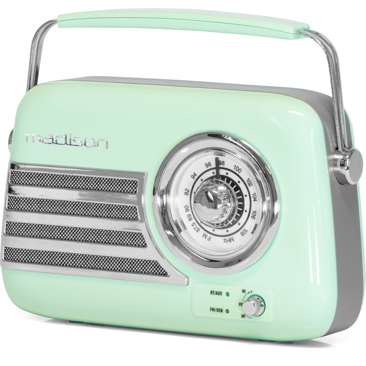 Una radio retrò verde menta con maniglia. Ha un quadrante di sintonizzazione, una griglia per altoparlanti e manopole. Il marchio 'madison' è visibile.