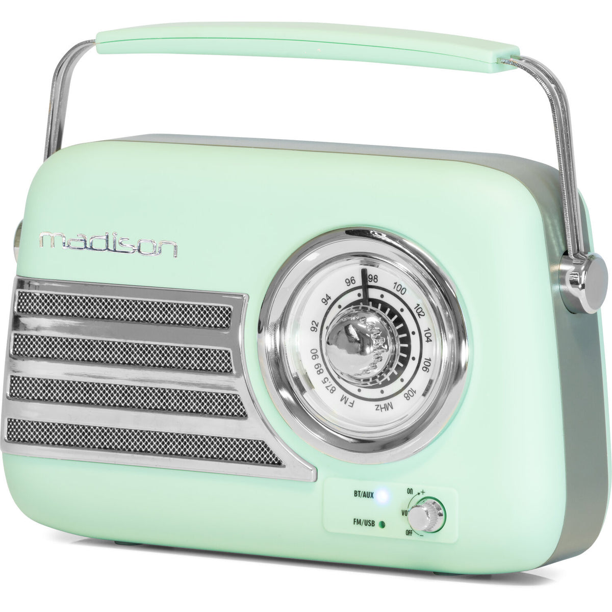 Una radio retrò verde menta con manico. Ha un quadrante, un altoparlante e pulsanti per BT/AUX e FM/USB. Il marchio è 'madison'.