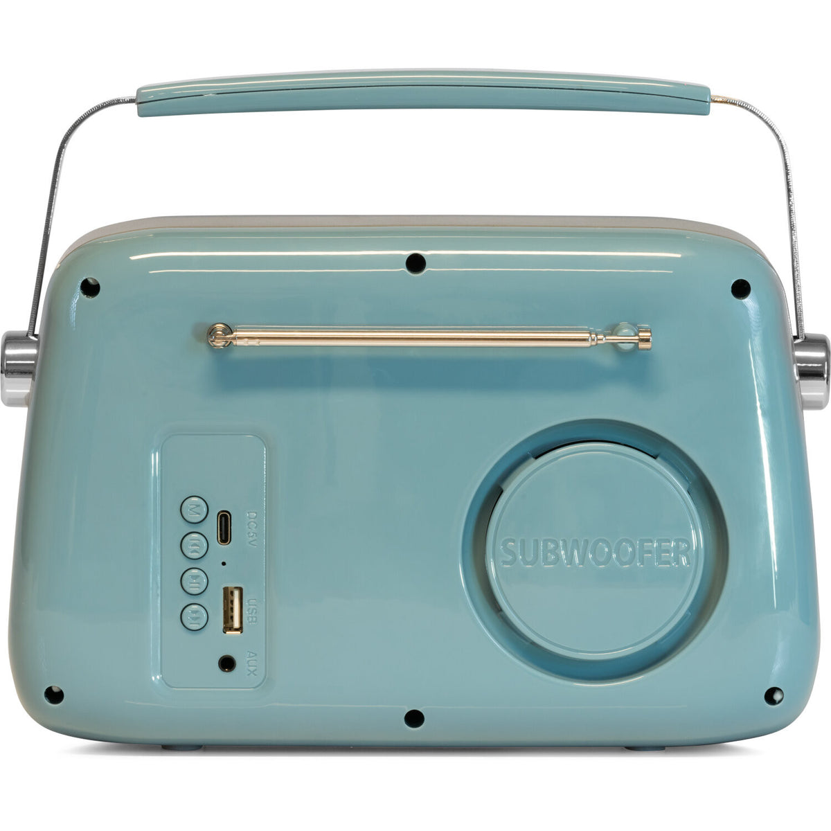 Ein türkisfarbenes Retro-Radio mit Griff. Es hat einen Subwoofer, eine Antenne und verschiedene Eingänge.