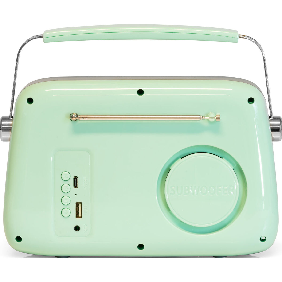 Una radio retrò verde menta con maniglia. Dispone di un subwoofer, antenna e porte di ingresso. Il design è semplice e arrotondato.