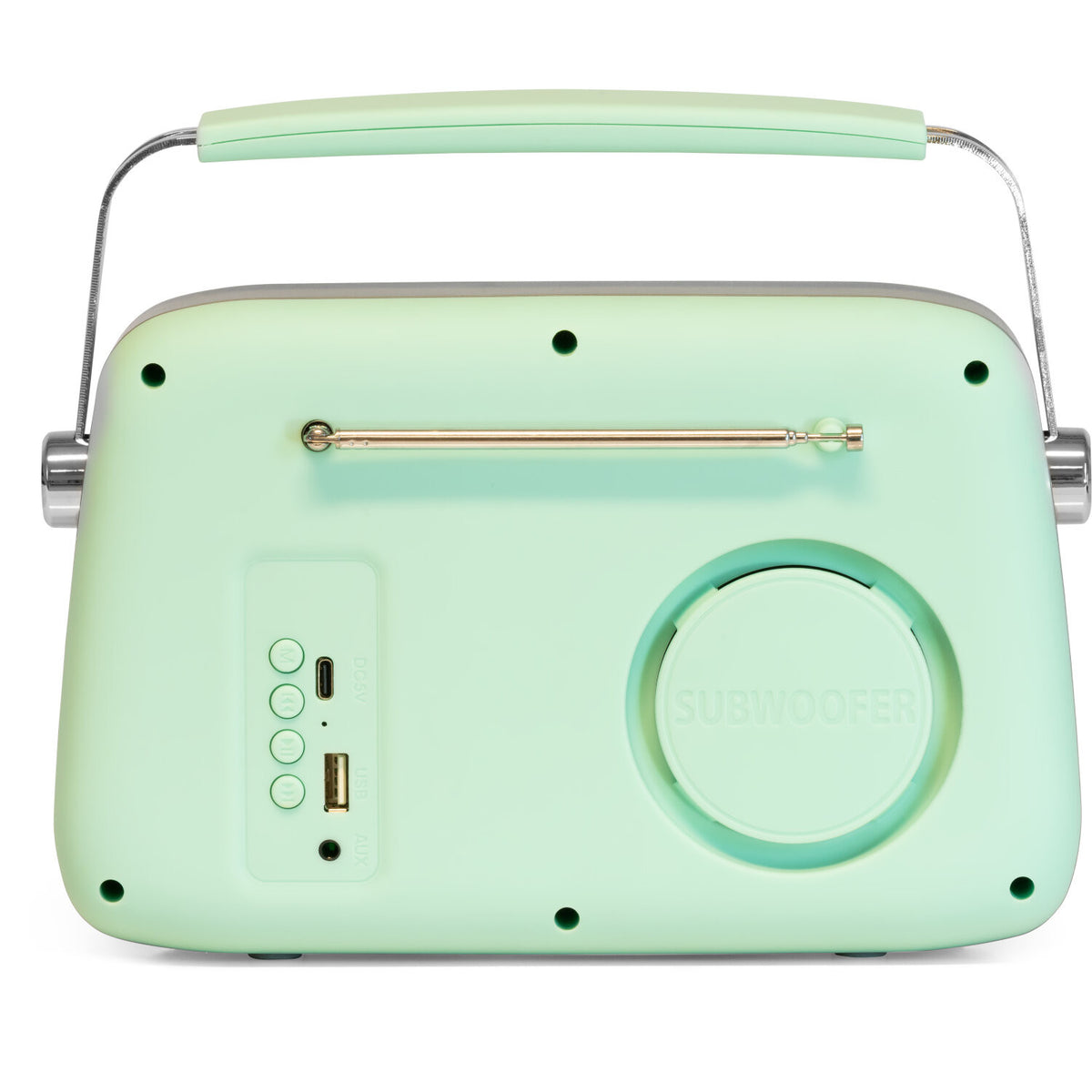 Una radio retrò verde menta con maniglia, antenna e dettagli argentati. Include un subwoofer e varie porte di ingresso.