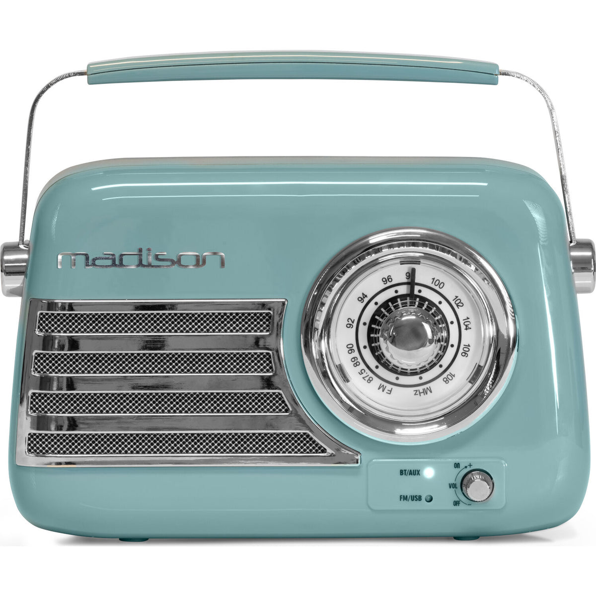 Ein türkisfarbenes Retro-Radio mit Griff. Es hat ein Einstellrad, einen Lautsprechergrill und Bedienelemente. Die Marke ist 'madison'.