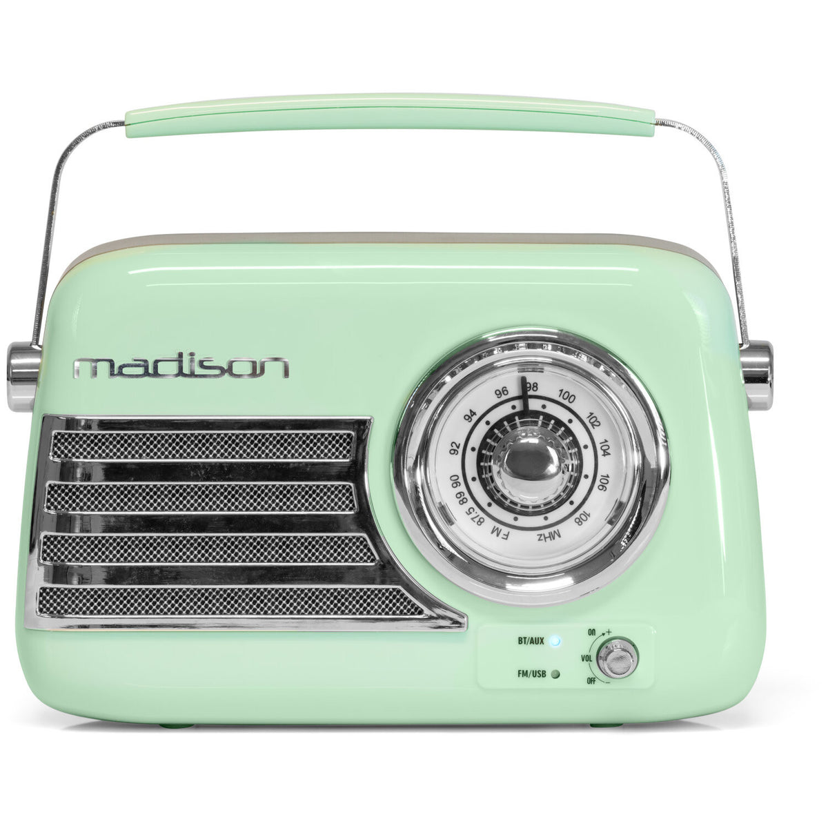 Una radio verde menta con manico argentato. Ha un quadrante di sintonizzazione, una manopola del volume e una griglia dell'altoparlante. Il marchio 'madison' è visibile.