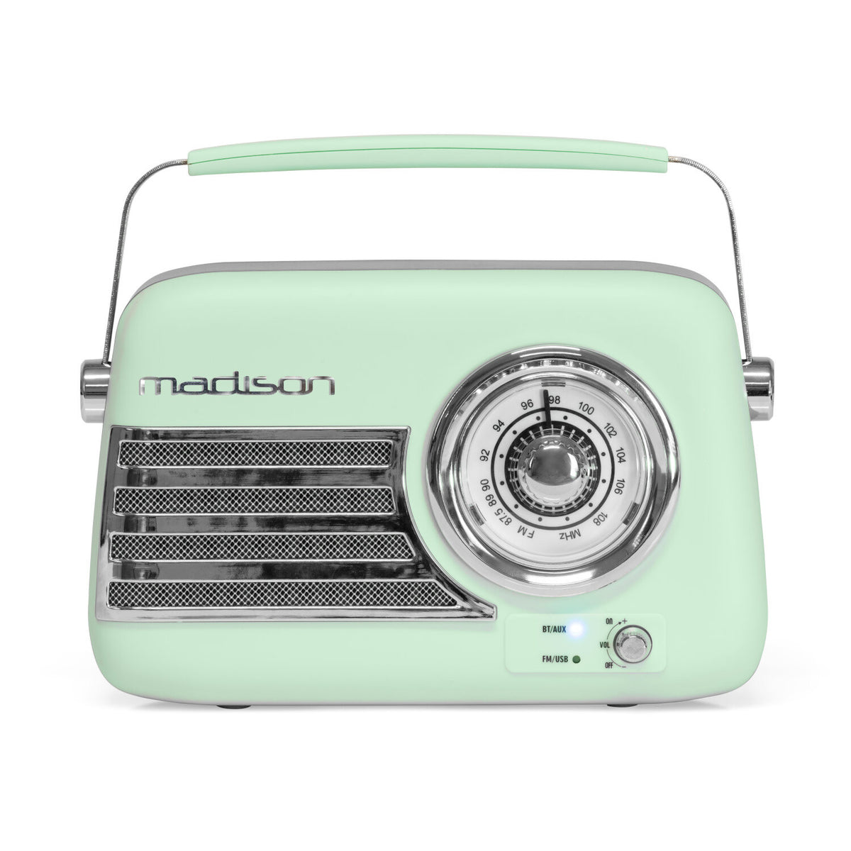 Una radio retrò verde menta con manico. Ha una griglia per altoparlanti cromata, un quadrante e il nome 'madison'.