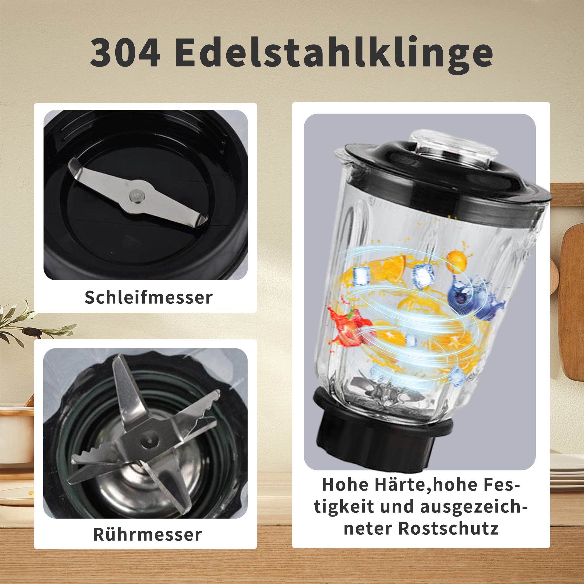 Das Bild zeigt Teile eines Mixers: Klingen, ein Glasbehälter mit Früchten und Text auf Deutsch.