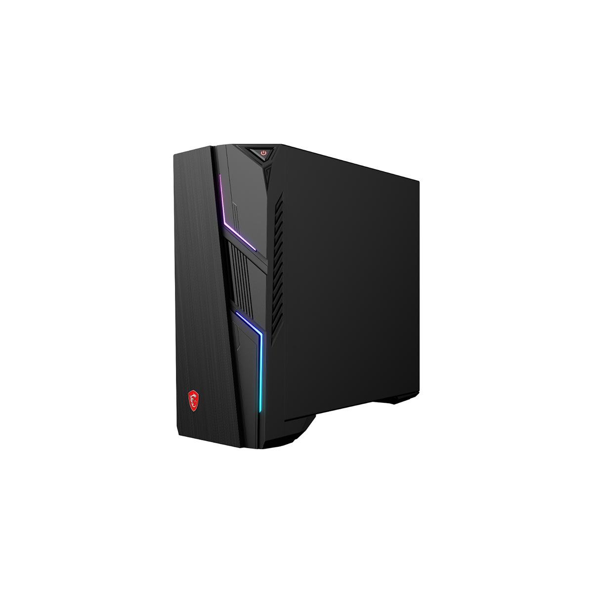 Czarna obudowa komputera z podświetleniem RGB. Posiada przycisk zasilania i logo MSI. Obudowa ma teksturowany przedni panel.