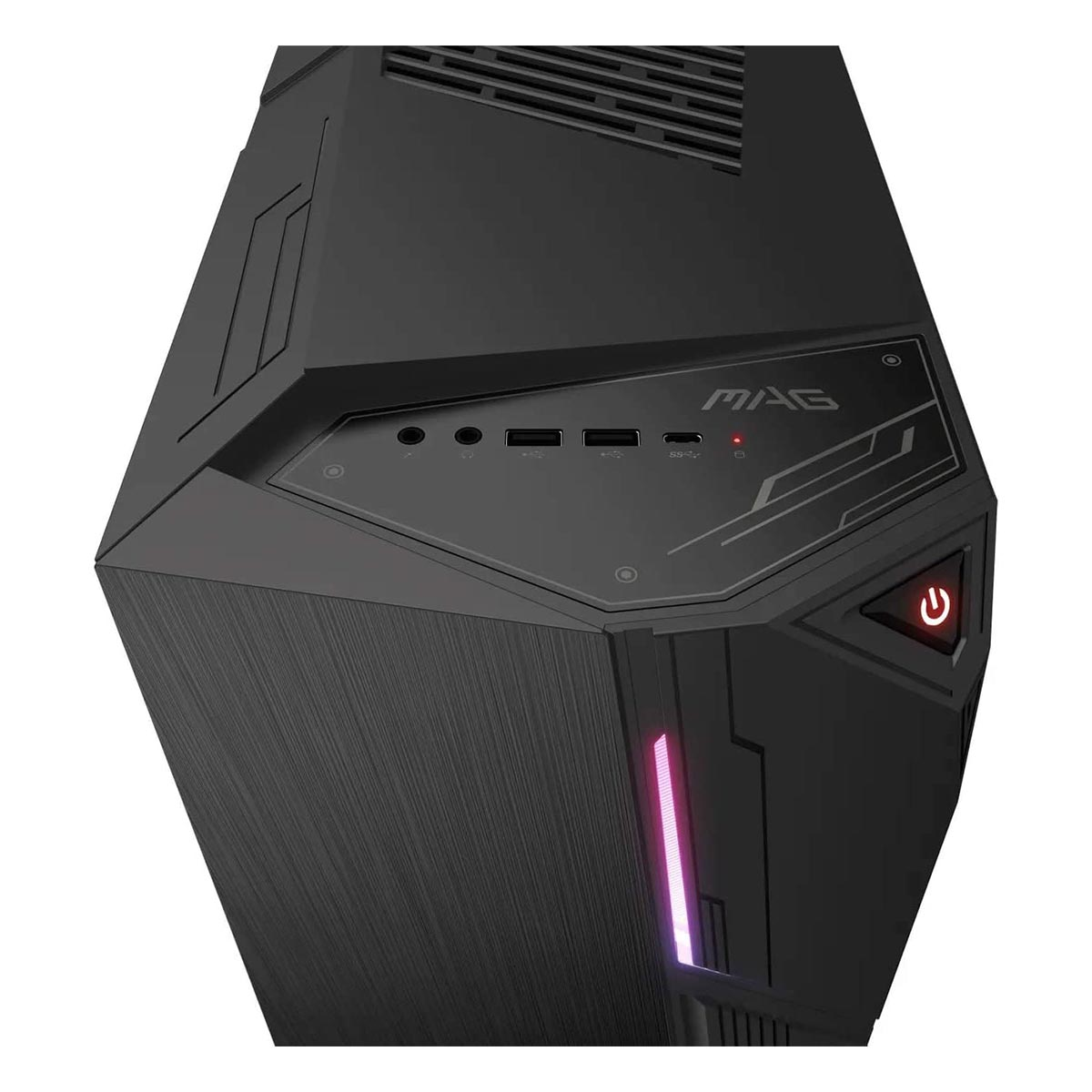 Czarna obudowa komputera. Przedni panel ma napis MAG, przycisk zasilania i różne porty. Różowe światło jest z boku.
