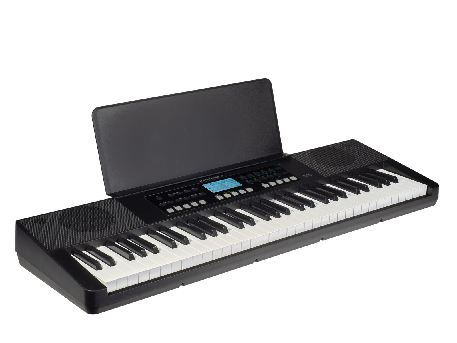 Ein schwarzes Grooveland K46I-Keyboard mit schwarzen und weißen Tasten. Es hat ein Display und Lautsprecher. Ein Notenständer ist hochgeklappt.