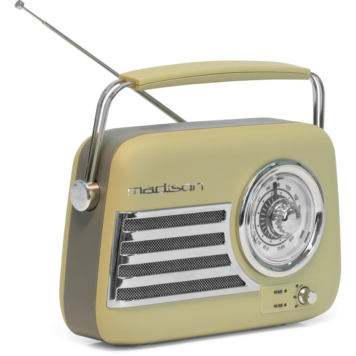 Ein Radio im Vintage-Stil in Beige und Grau. Es hat einen Griff, ein Einstellrad und eine Antenne. Der Markenname 'madison' ist sichtbar.