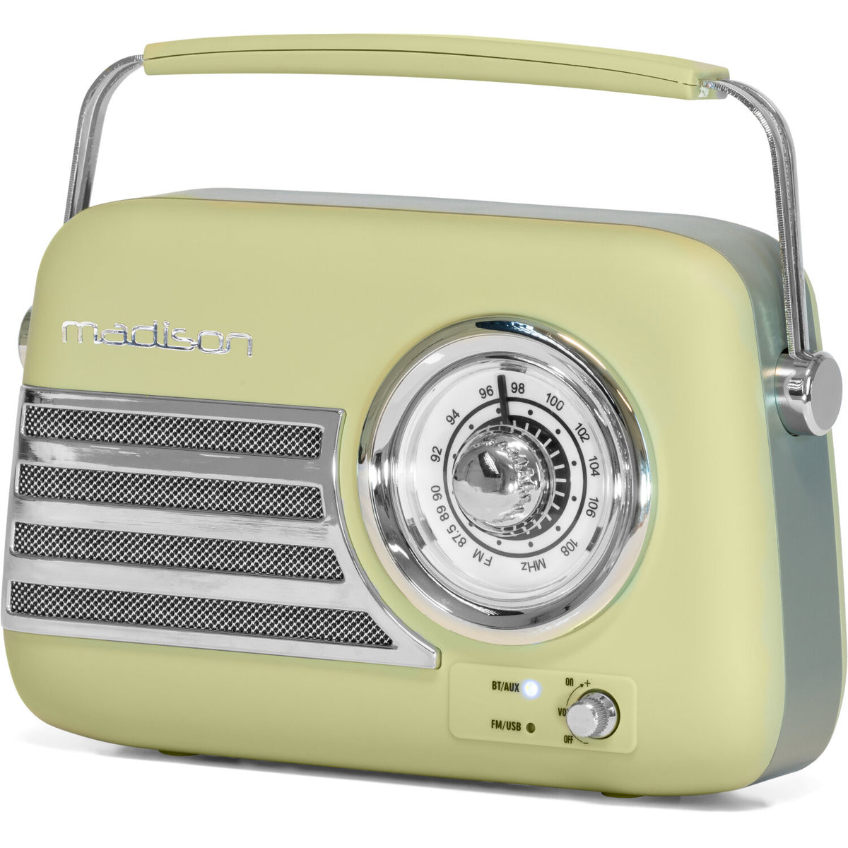 Ein Radio im Vintage-Stil in Hellgrün mit silbernem Griff und Details. Es verfügt über ein Zifferblatt, Lautsprechergitter und Bedienelemente.