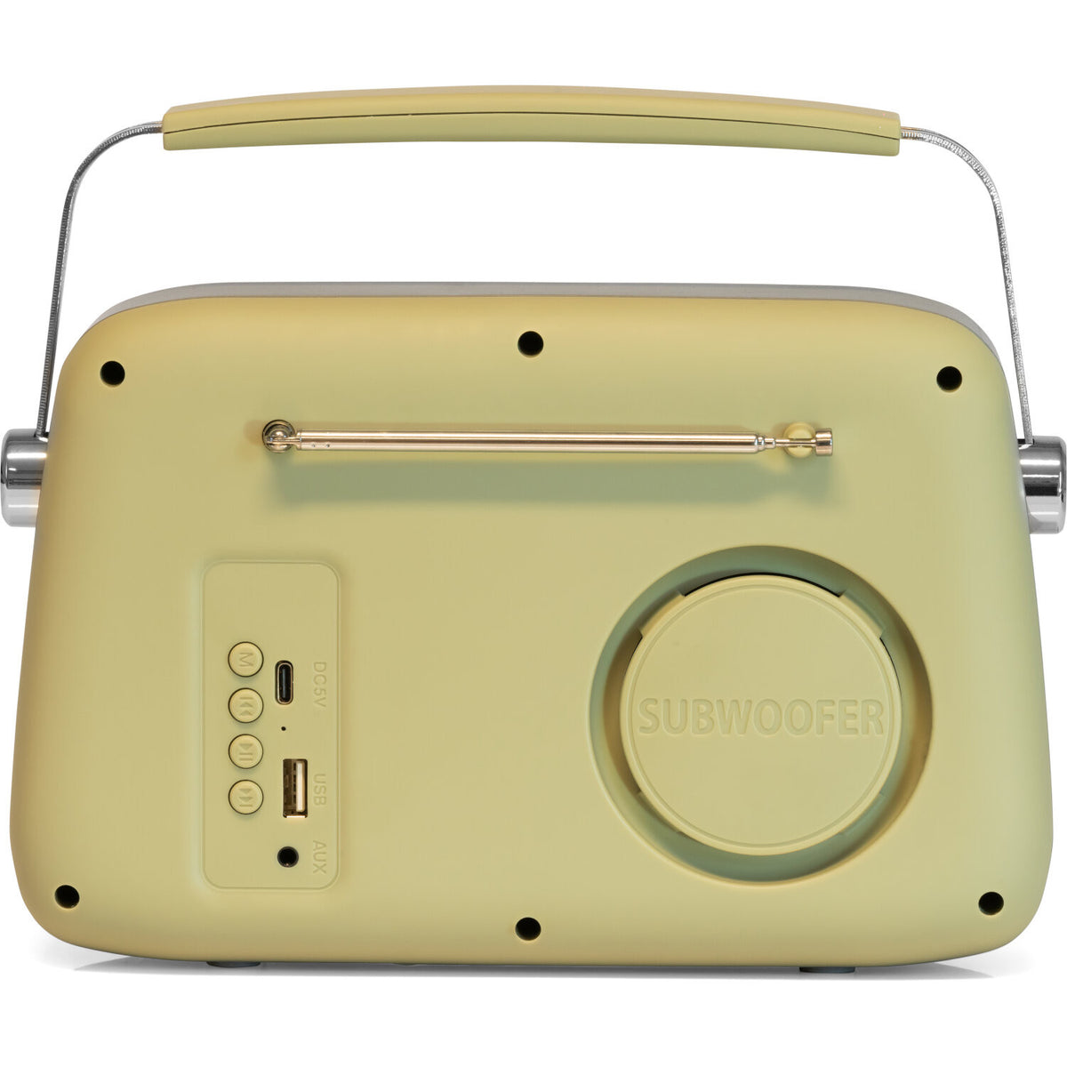 Ein cremefarbenes Retro-Radio mit Griff. Es hat einen Subwoofer, eine Antenne und Anschlüsse wie USB und AUX. Silberne Akzente und Knöpfe sind sichtbar.