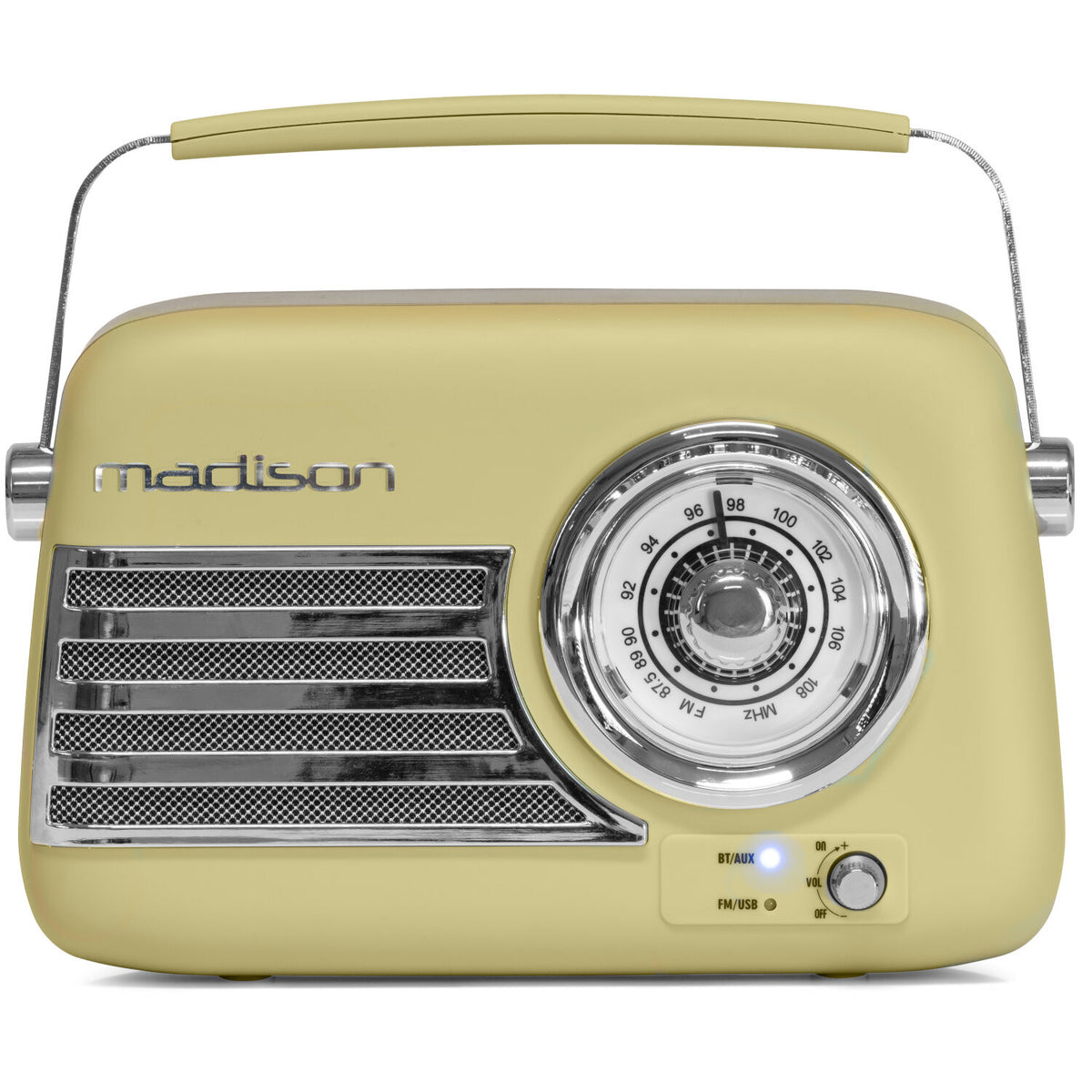 Ein cremefarbenes Retro-Radio mit Griff. Es hat einen Lautsprechergrill, ein Wahlrad und Tasten für Strom und Lautstärke.