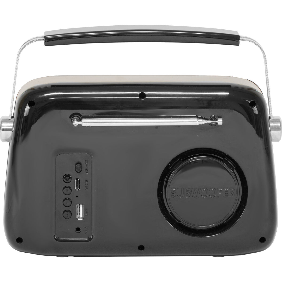Ein schwarzes Radio im Retro-Stil mit silbernem Griff. Es hat einen Subwoofer und verschiedene Anschlüsse auf der Rückseite.