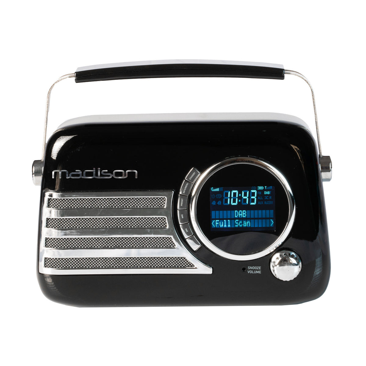 Schwarzes Madison-Radio mit silbernem Griff. Es hat ein Digitaldisplay mit Uhrzeit und Radioinformationen. Knöpfe an der Seite.