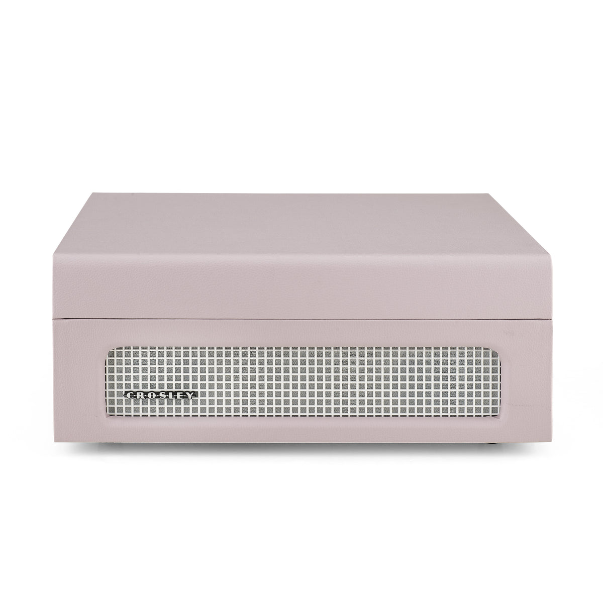 Ein rosa Crosley-Plattenspieler. Er hat einen Lautsprechergrill an der Vorderseite, und der Markenname ist sichtbar.