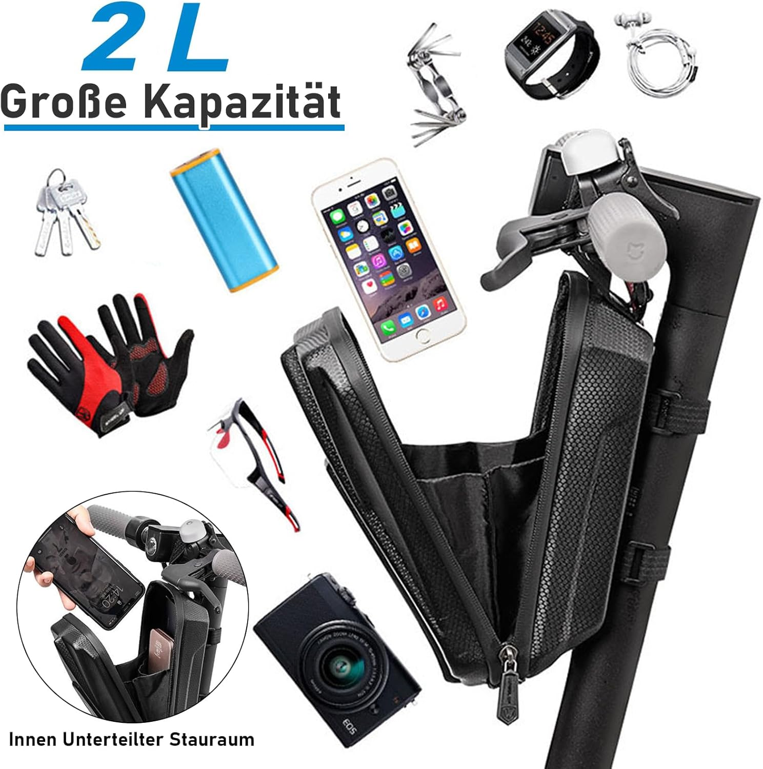 Das Bild zeigt Rollerzubehör: Tasche, Telefon, Schlüssel, Handschuhe, Uhr, Kamera und Werkzeuge. Text: 2L Große Kapazität, Innen Unterteilter Stauraum.