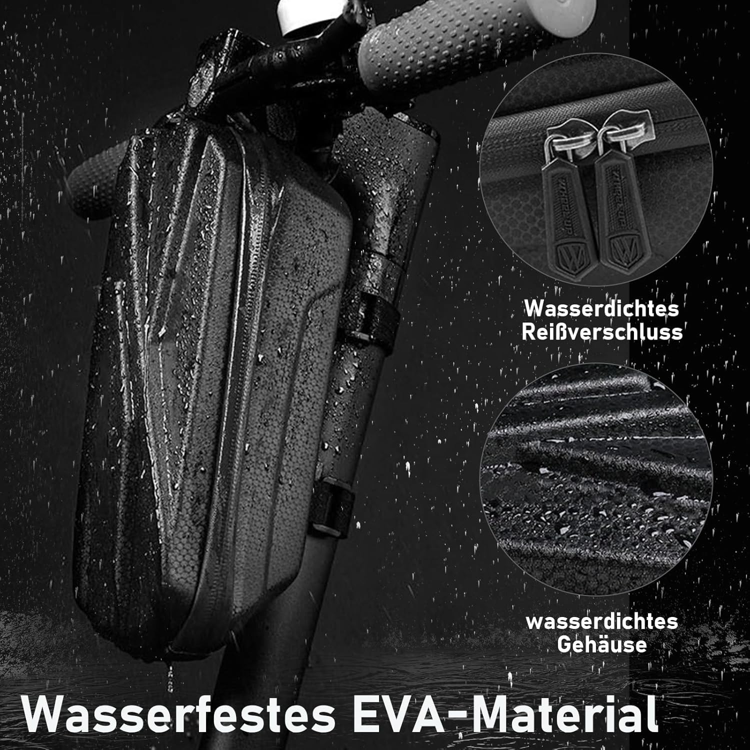 Schwarze wasserdichte Tasche am Rollerlenker befestigt. Details zeigen wasserdichte Reißverschlüsse und Gehäuse. Text: 'Wasserdichtes EVA-Material'.