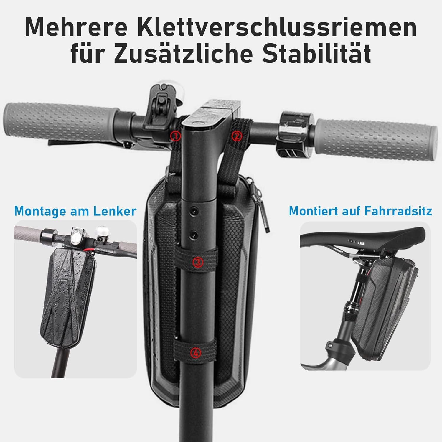 Das Bild zeigt einen E-Roller mit einer schwarzen Tasche. Die Tasche hat Klettbänder und ist am Lenker und am Sitz befestigt.