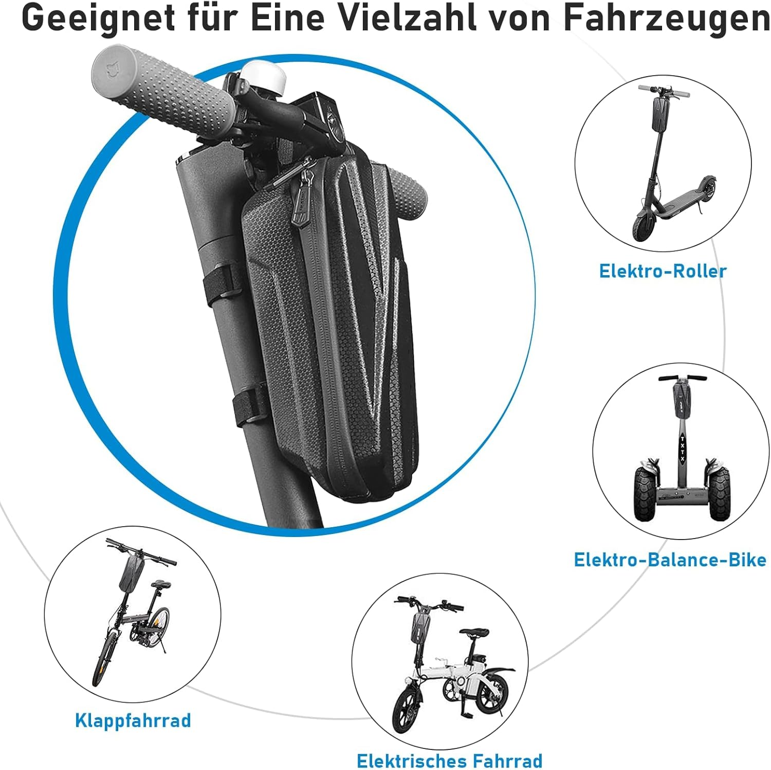 Das Bild zeigt eine schwarze Tasche am Lenker eines Rollers, mit Beispielen für Fahrzeuge: E-Roller, Balance-Bike, Faltrad und E-Bike.