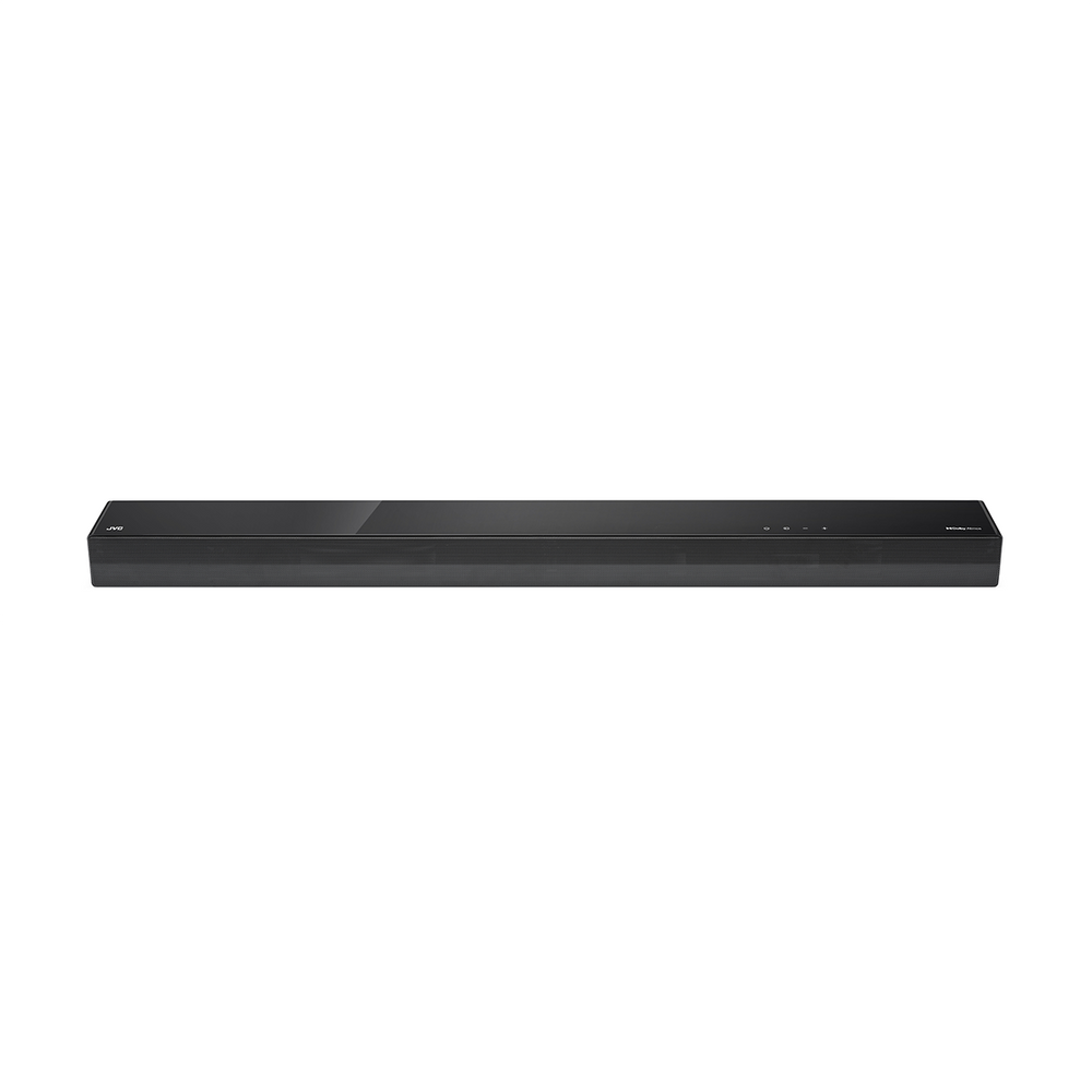 Czarny soundbar JVC jest wyśrodkowany na białym tle. Ma błyszczącą górę i matowy przód, z Dolby Audio.