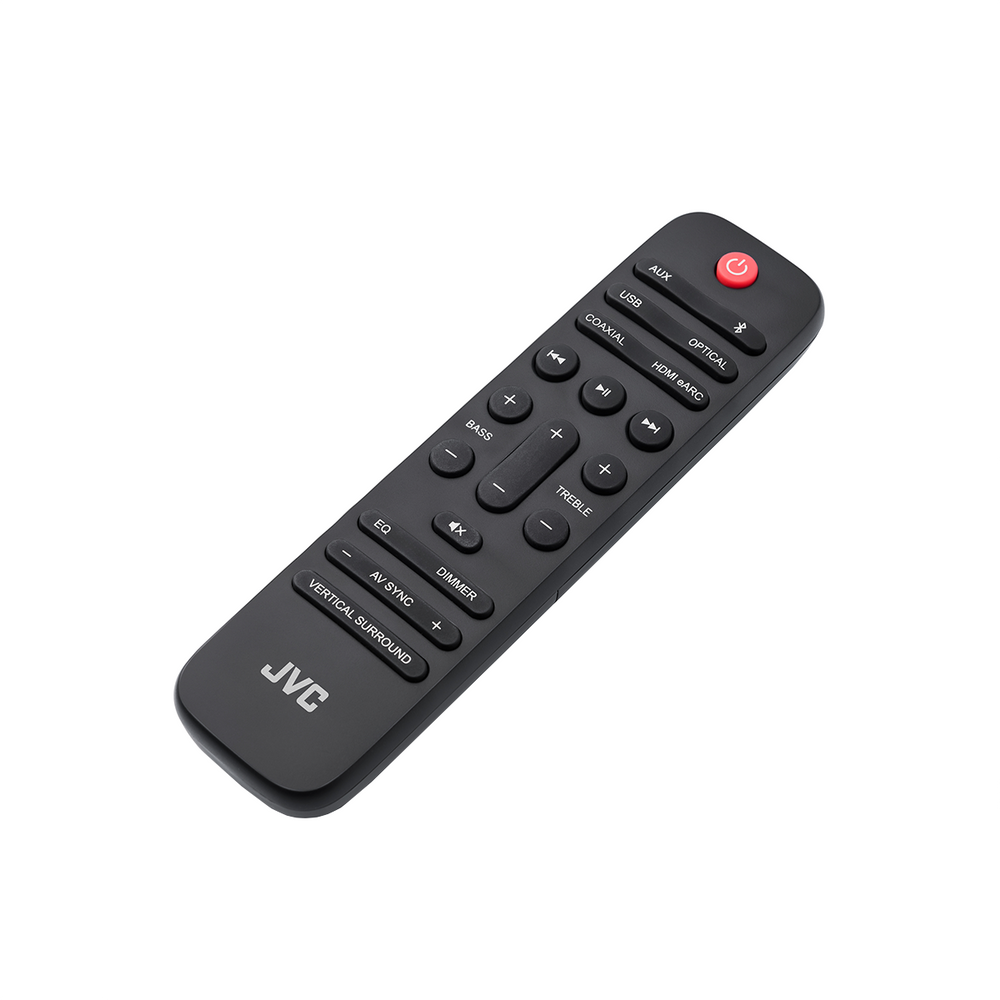 Czarny pilot JVC. Ma wiele przycisków do AUX, USB, głośności i zasilania. Przycisk zasilania jest czerwony.