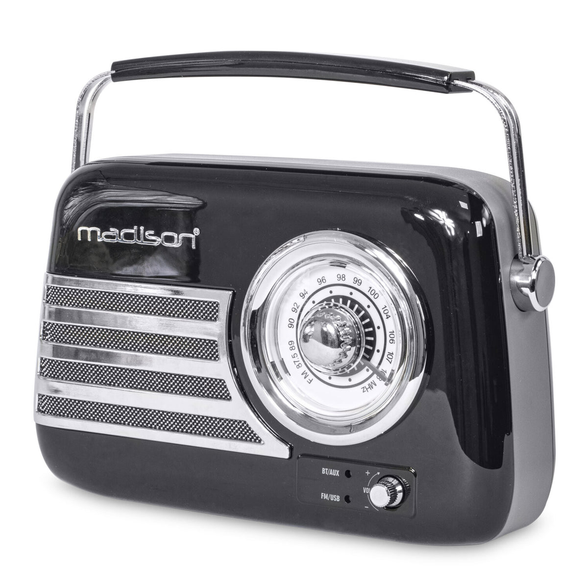 Ein schwarzes Vintage-Radio mit silbernem Griff. Es hat ein Einstellrad, einen Lautsprechergrill und Bedienelemente.