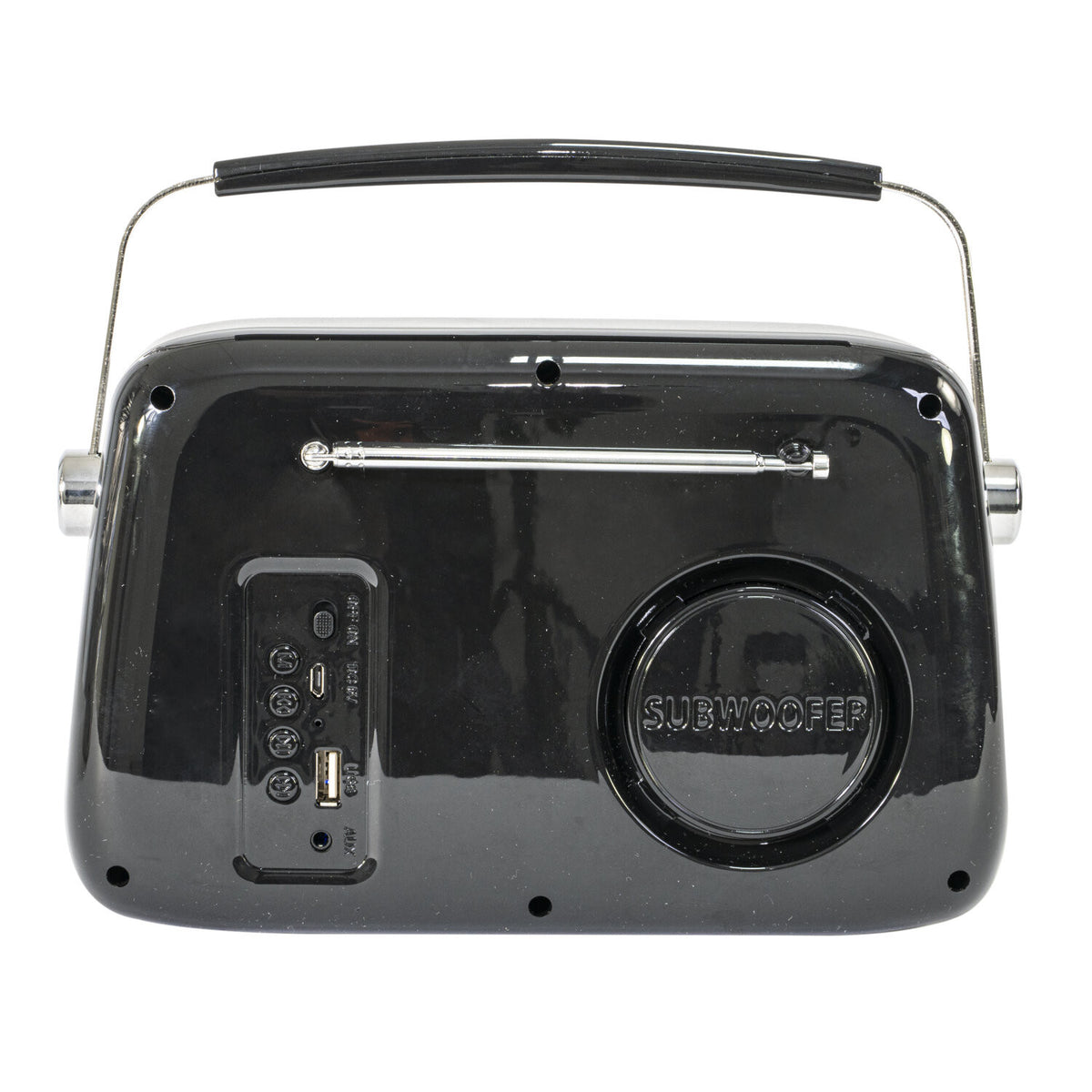 Ein schwarzes Retro-Radio mit Griff. Es hat einen Subwoofer, eine Antenne und verschiedene Anschlüsse für USB und AUX.
