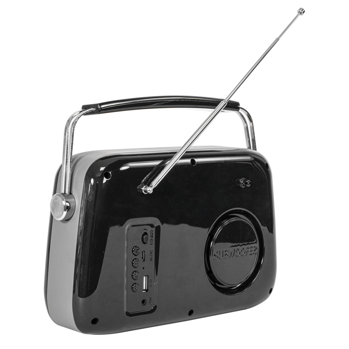 Ein schwarzes Radio im Retro-Stil mit Griff und Antenne. Es hat ein Subwoofer-Etikett und verschiedene Eingangsanschlüsse.