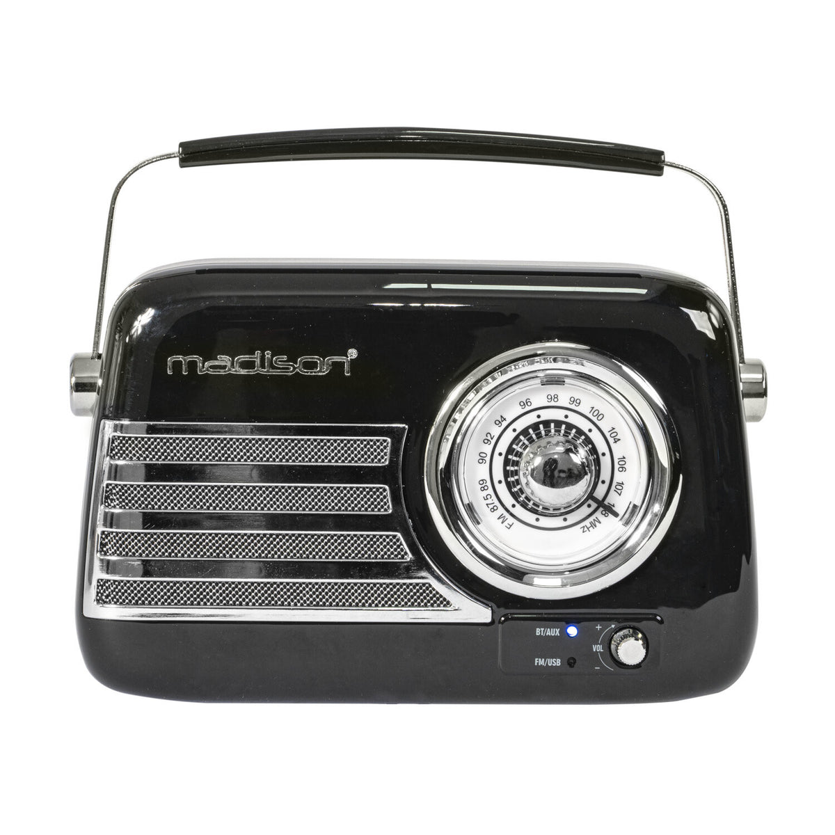 Ein schwarzes Retro-Radio mit Griff. Es hat ein Zifferblatt, Lautsprecher und Bedienelemente. Der Markenname 'madison' ist sichtbar.
