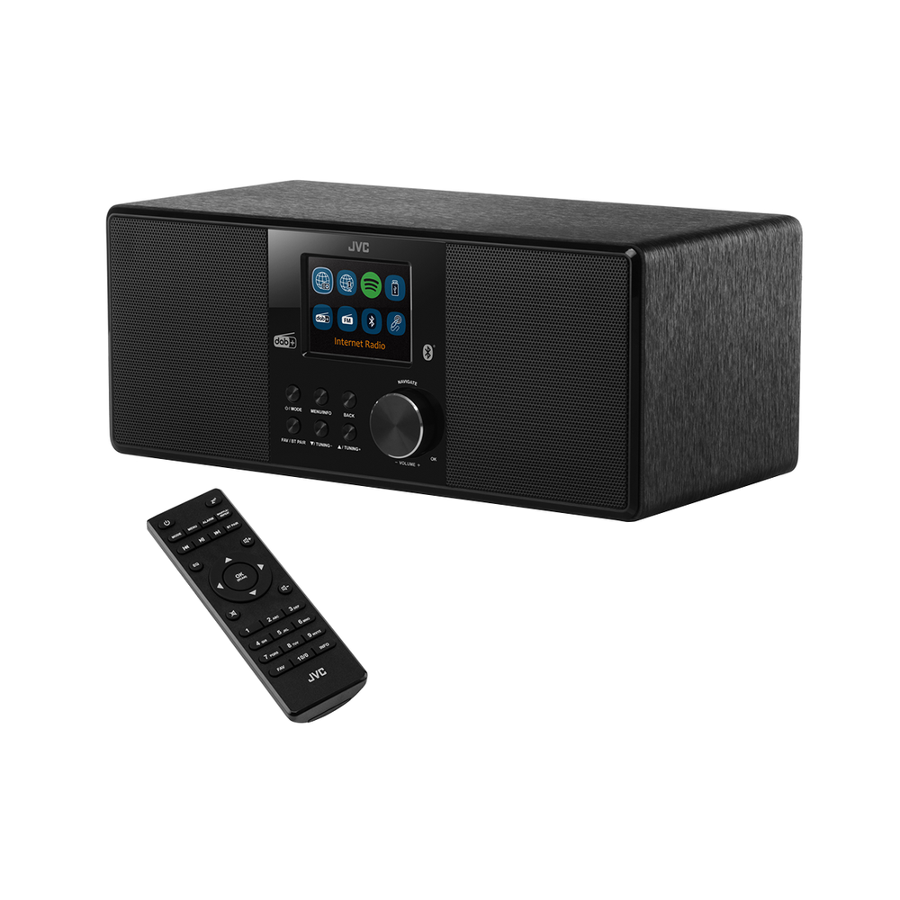 Czarny radio internetowe JVC z pilotem. Radio ma ekran z ikonami. Pilot znajduje się poniżej.