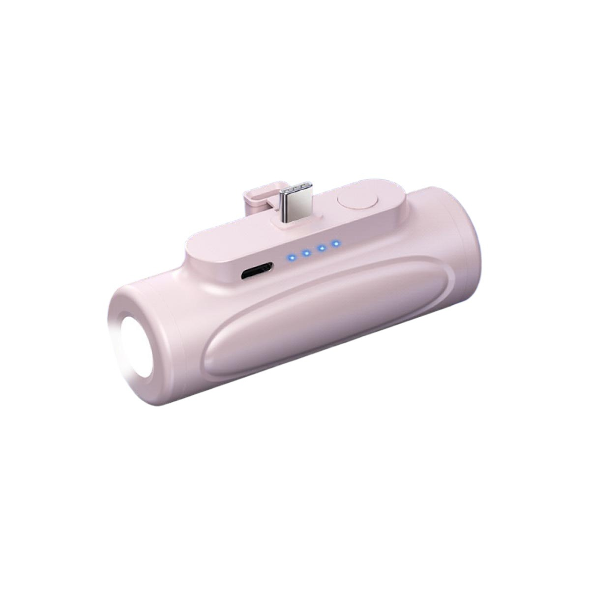 Eine rosa Powerbank mit USB-C-Anschluss, Power-Taste und Licht. Sie hat vier blaue Kontrollleuchten und einen silbernen Stecker.