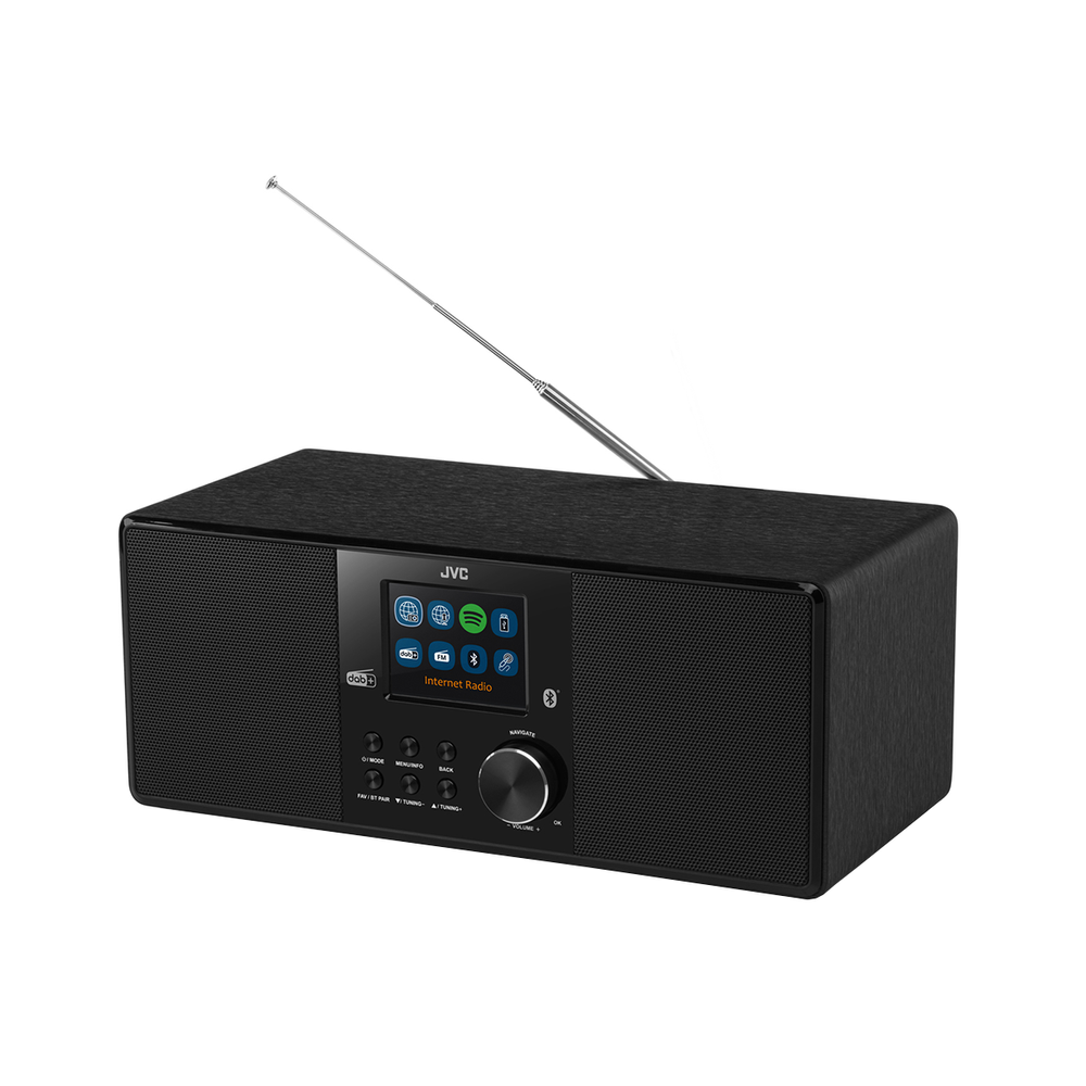 Czarny radio internetowe JVC. Ma ekran, pokrętło strojenia i antenę. Ekran wyświetla ikony aplikacji i funkcji.