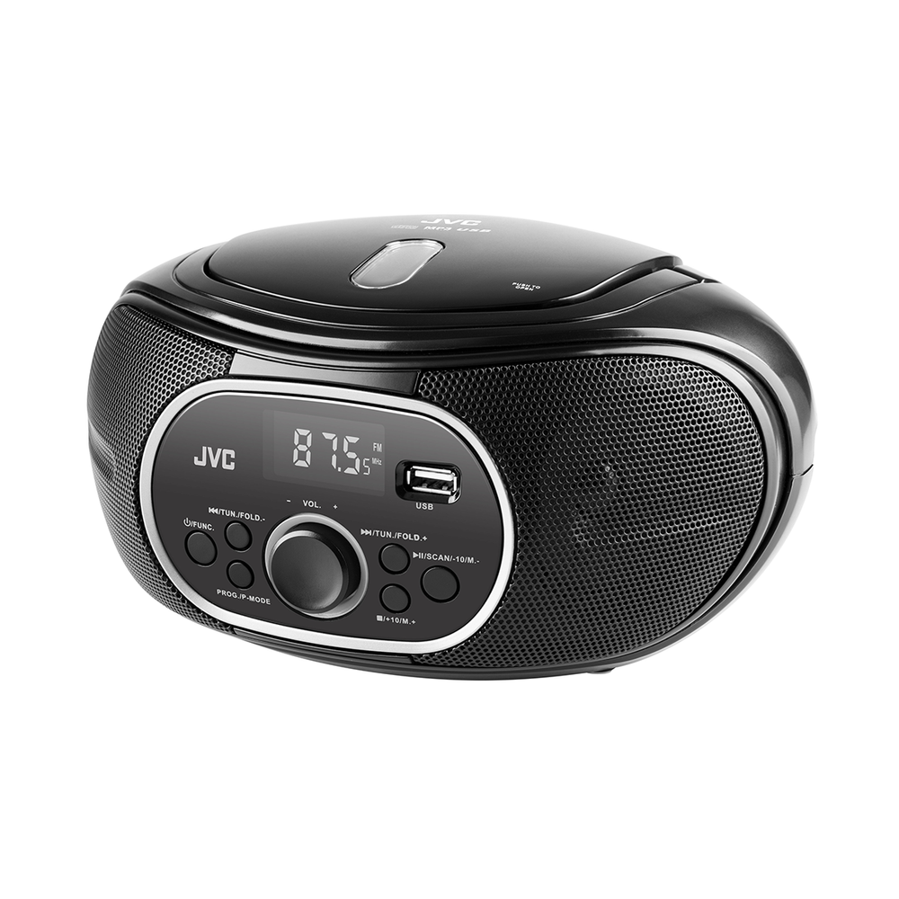 Czarny radioodtwarzacz JVC z cyfrowym wyświetlaczem pokazującym 87,5 FM. Posiada port USB i różne przyciski.