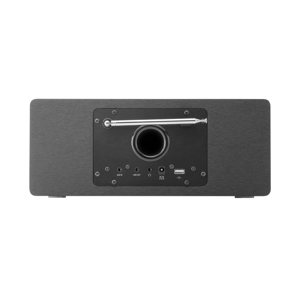 Czarny głośnik z centralnym głośnikiem, anteną i portami takimi jak AUX IN, LINE OUT i USB. Głośnik ma teksturowaną powierzchnię.