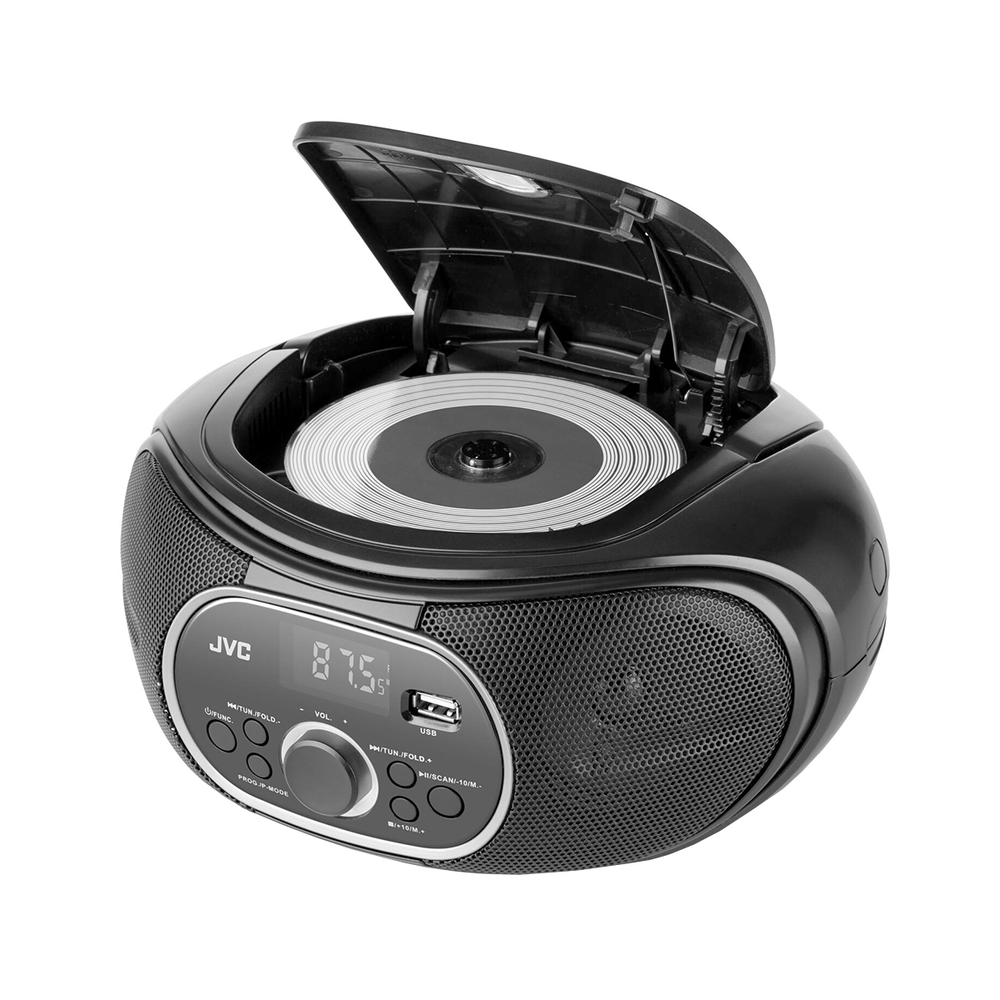 Czarny odtwarzacz CD JVC z otwartą pokrywą, pokazujący płytę CD w środku. Ma przyciski i cyfrowy wyświetlacz.