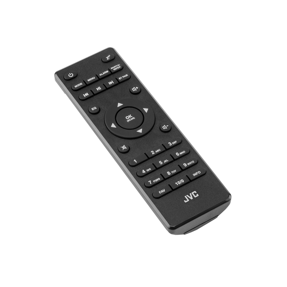 Czarny pilot JVC na białym tle. Ma przyciski zasilania, menu, głośności i klawisze numeryczne.
