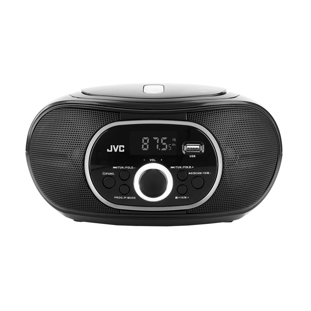 Czarno-czarny radioodtwarzacz CD JVC z wyświetlaczem cyfrowym pokazującym 87,5 MHz. Posiada przyciski funkcyjne i port USB.