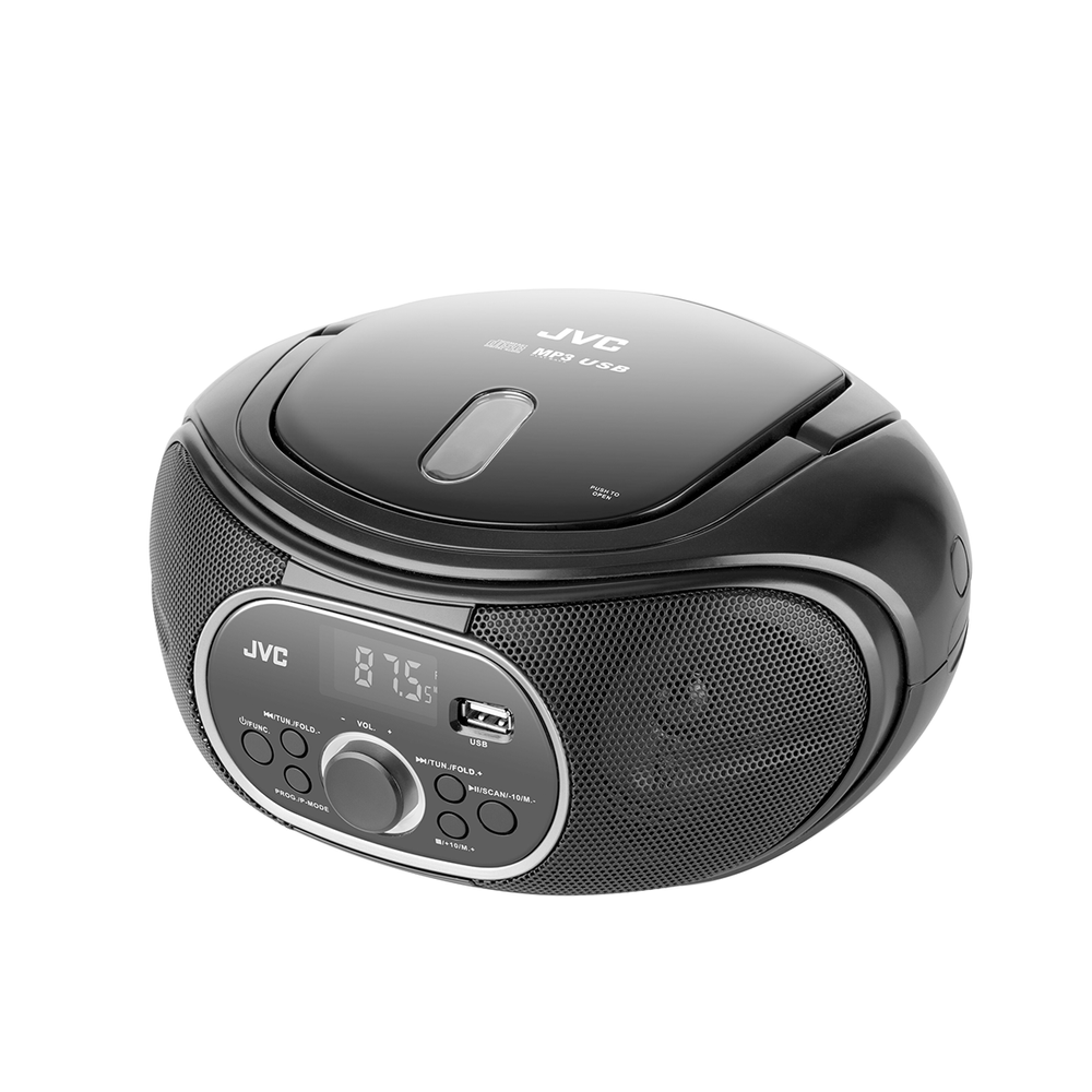 Czarny odtwarzacz CD JVC z cyfrowym wyświetlaczem pokazującym 87,5. Ma przyciski i port USB. Tło jest białe.