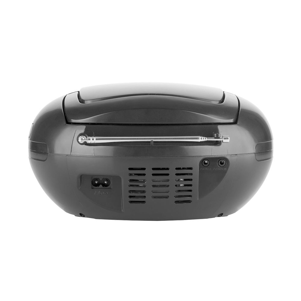 Ciemnoszary boombox, owalny, ze srebrną anteną, wejściem zasilania i otworami głośnikowymi. Zawiera wejście słuchawkowe i aux.