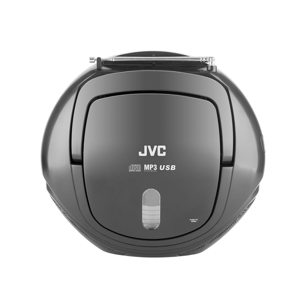 Szary boombox JVC z odtwarzaczem CD i portem USB. Ma wysuwaną antenę i przycisk otwierania.