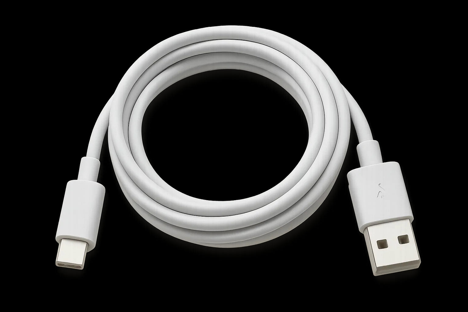 Ein weißes USB-C-auf-USB-A-Kabel, das sich vor einem schwarzen Hintergrund schlängelt. Die Anschlüsse sind weiß, das Kabel ist in einer Schleife angeordnet.