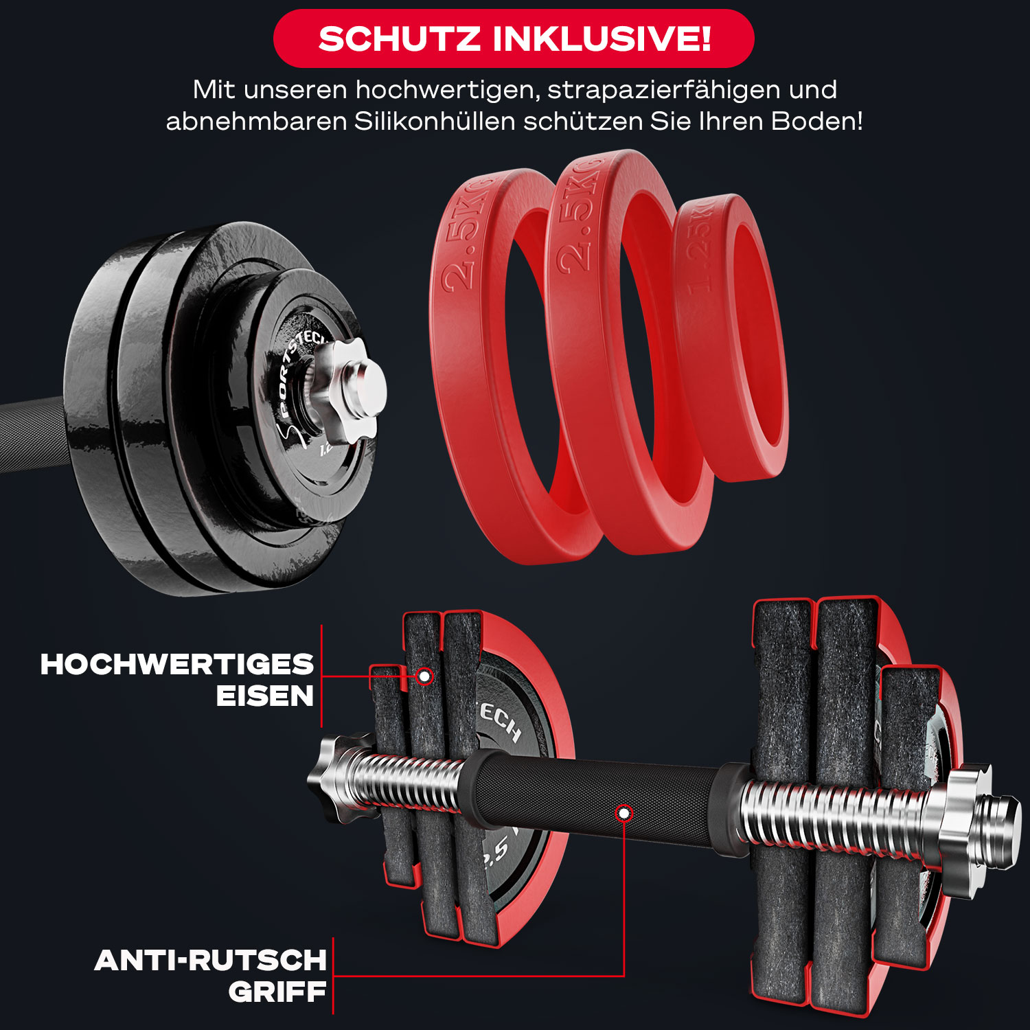 Das Bild zeigt eine Hantel mit roten und schwarzen Gewichten. Text beschreibt das Produkt und seine Eigenschaften.