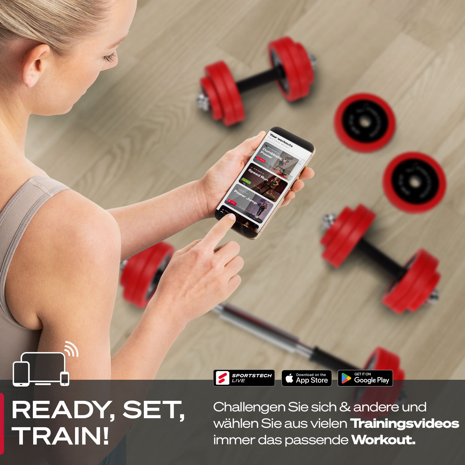 Frau mit Handy, Workout-App, rote Hanteln am Boden. Text: Ready, Set, Train!