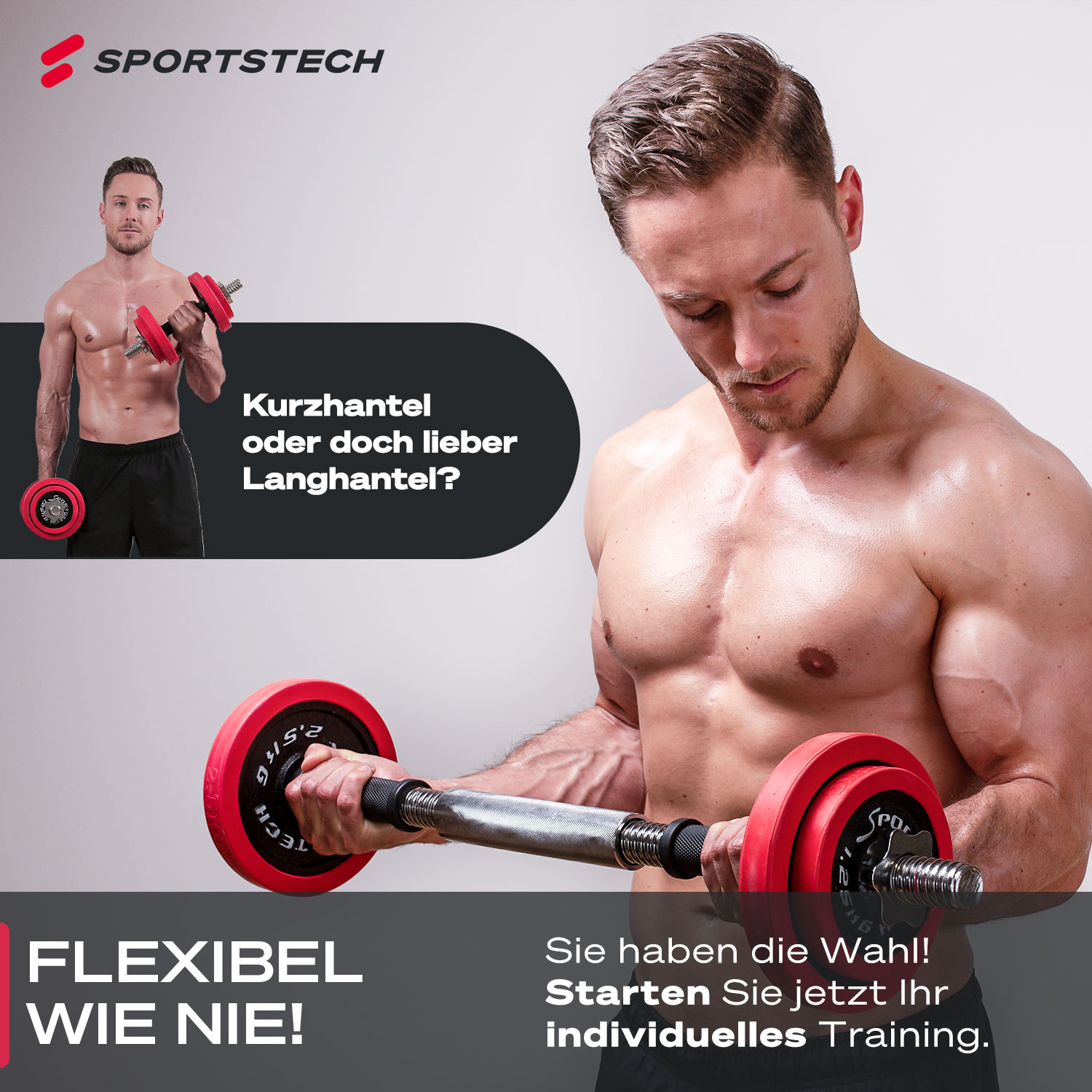 Ein muskulöser Mann hält eine Langhantel mit roten Gewichten. Text sagt 'Flexibel wie nie!' und 'Starte dein individuelles Training'.